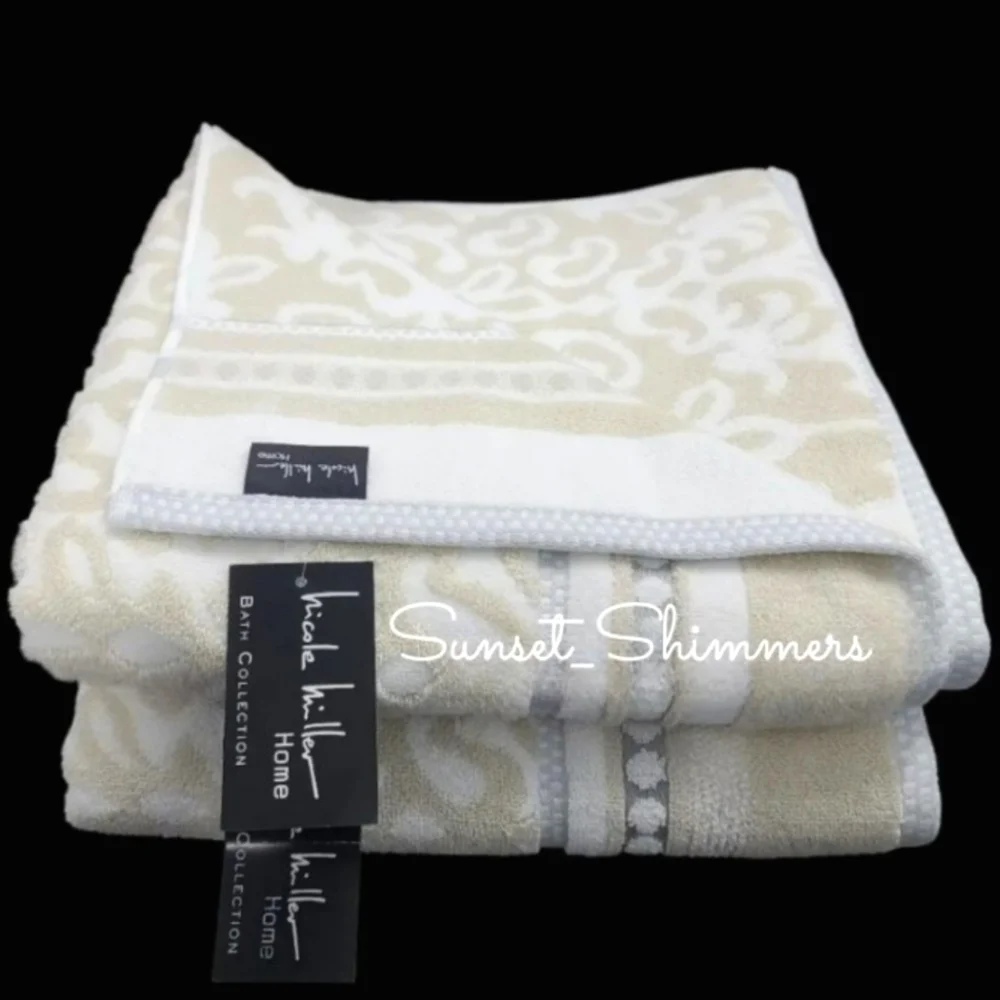 Nicole Miller 2pc Plush Damask Bath Towel Set Tan Gray White Cotton NEW
